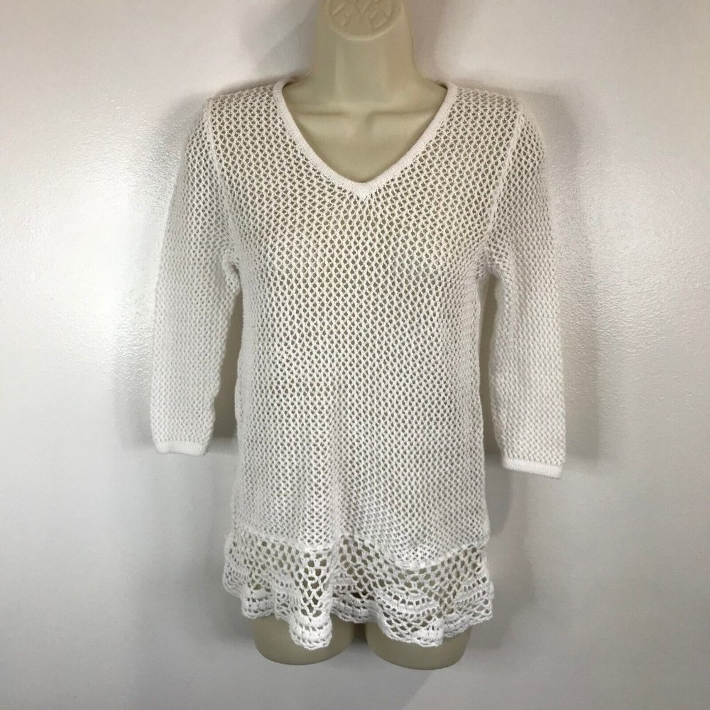 Travelers Chico's White Crochet Knit Sweater Size 0 / Small Shirt Open Knit
